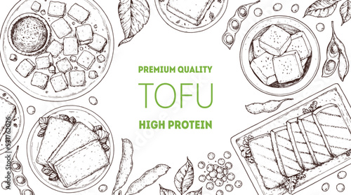 Tofu top view frame. Hand drawn vector illustration. Tofu sketch. Asian food. Soybean sketch. Tofu cooking. Vegan food. Vintage design template. Product design. Great for packaging, recipe book, menu.