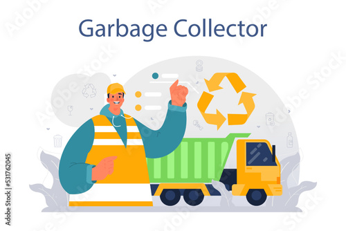 Grabage collector set. Cleaning worker emtying bin container into a garbage