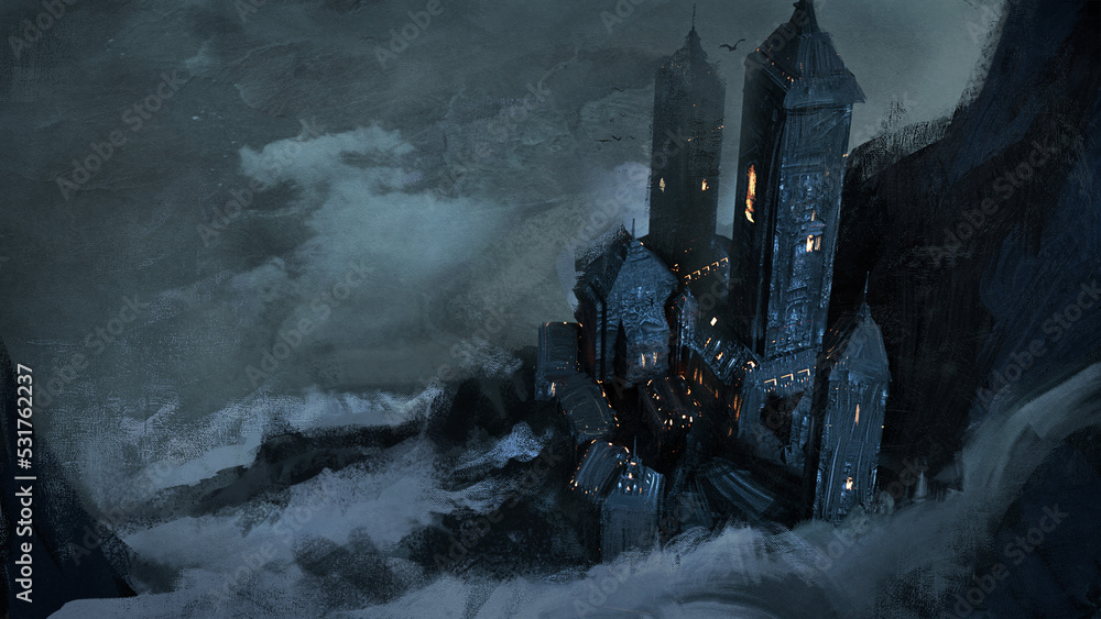 Obraz premium Digital 3d illustration of a fantasy castle top down view looking down a mountain - fantasy painting