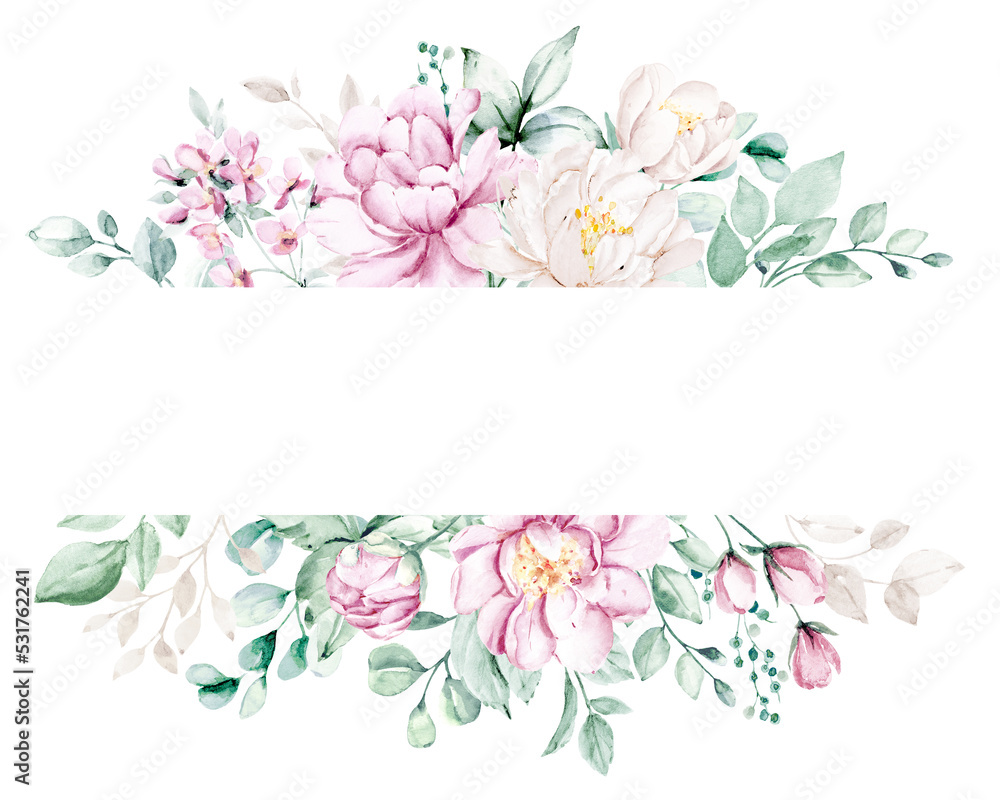 Flower frame border. Watercolor hand painting floral geometric background. Leaf, plant, branch isolated on white.
