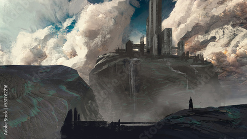 Digital painting of a castle environment with clouds in the background and character in foreground - fantasy illustration