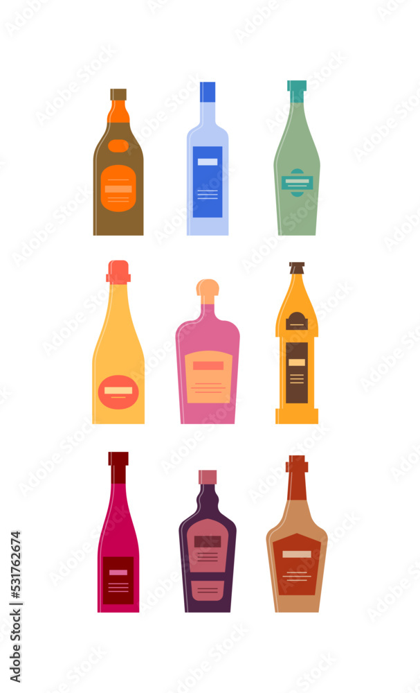 Set bottles of rum vodka vermouth champagne tequila beer wine liquor whiskey. Icon bottle with cap and label. Graphic design for any purposes. Flat style. Color form. Party drink concept. Simple image Set bottles of rum vodka vermouth champagne tequila beer wine liquor whiskey. Icon bottle with cap and label. Graphic design for any purposes. Flat style. Color form. Party drink concept. Simple image