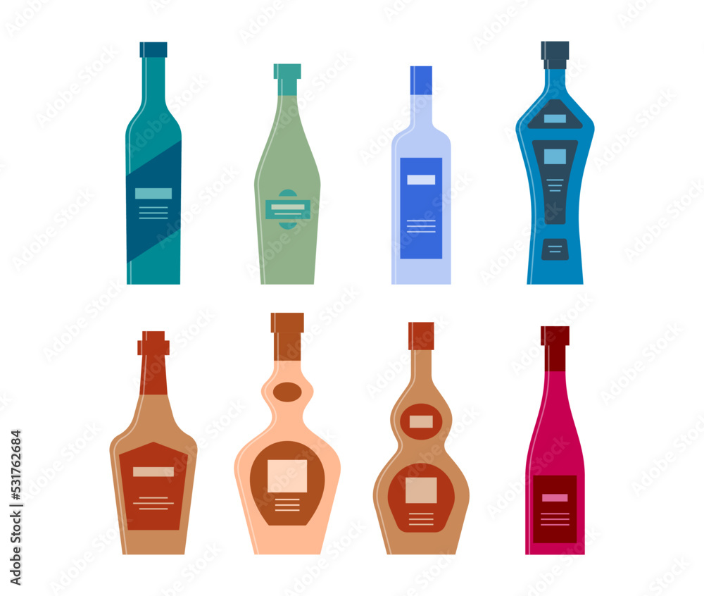Set bottles of vodka vermouth gin liquor whiskey balsam brandy wine. Icon bottle with cap and label. Graphic design for any purposes. Flat style. Color form. Party drink concept. Simple image shape Set bottles of vodka vermouth gin liquor whiskey balsam brandy wine. Icon bottle with cap and label. Graphic design for any purposes. Flat style. Color form. Party drink concept. Simple image shape