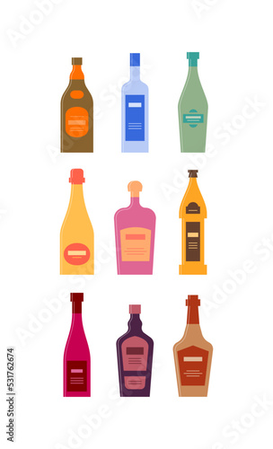 Set bottles of rum vodka vermouth champagne tequila beer wine liquor whiskey. Icon bottle with cap and label. Graphic design for any purposes. Flat style. Color form. Party drink concept. Simple image