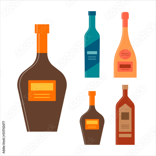 Set bottles of liquor vodka champagne balsam rum. Icon bottle with cap and label. Graphic design for any purposes. Flat style. Color form. Party drink concept. Simple image shape