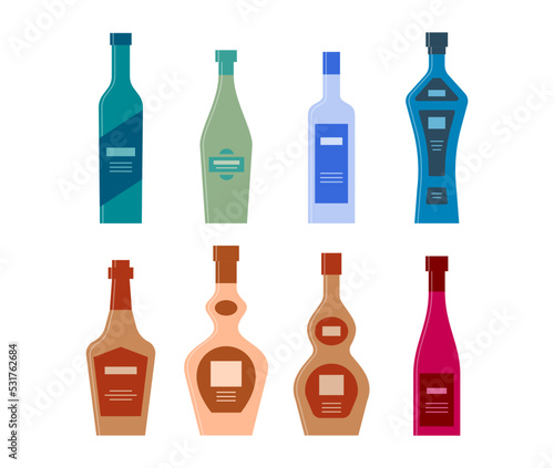 Set bottles of vodka vermouth gin liquor whiskey balsam brandy wine. Icon bottle with cap and label. Graphic design for any purposes. Flat style. Color form. Party drink concept. Simple image shape