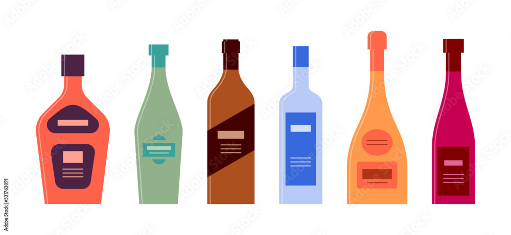 Set bottle of rum vermouth balsam vodka champagne wine in row. Icon bottle with cap and label. Graphic design for any purposes. Flat style. Color form. Party drink concept. Simple image shape - obrazy, fototapety, plakaty 
