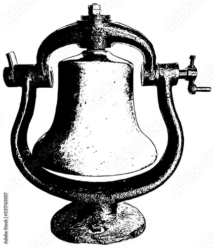 Antique locomotive bell illustration in black on white background 
