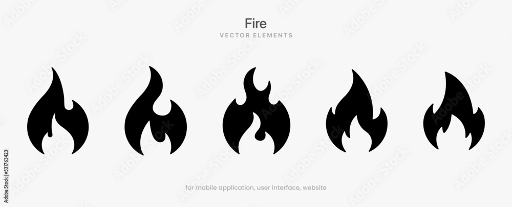 Black flat fire flames icons collection. Red flame in abstract style on ...