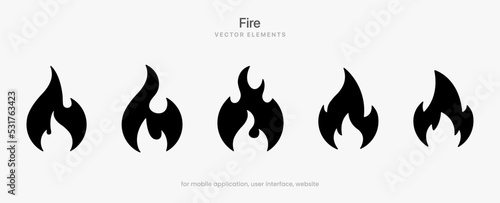 Black flat fire flames icons collection. Red flame in abstract style on white background for UI UX website mobile app game operation system.
