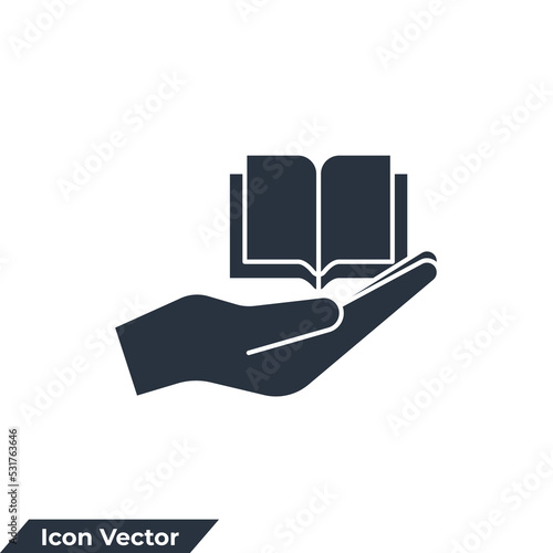 resource reference icon logo vector illustration. hand giving the book symbol template for graphic and web design collection