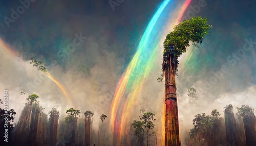 This is a 3D illustration of the rainbow eucalyptus in Indonesia, rainforest. photo