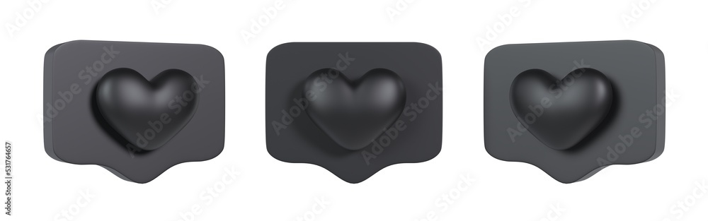 3D black metal like notification icon flying on pins. Realistic render heart speech bubble. Online social media, SMM, blogging. 3d rendering digital marketing icons. Favorite love followers comment. 3D black metal like notification icon flying on pins. Realistic render heart speech bubble. Online social media, SMM, blogging. 3d rendering digital marketing icons. Favorite love followers comment.