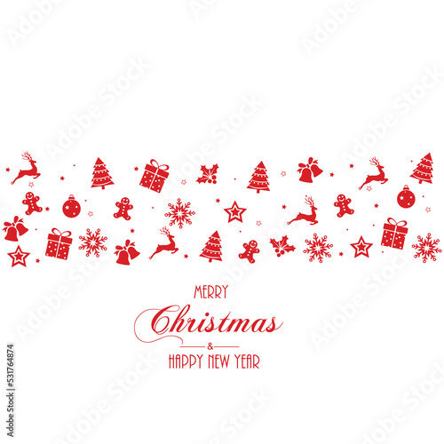 Happy New Year and Merry Christmas banner with hanging red Xmas ornaments. Vector