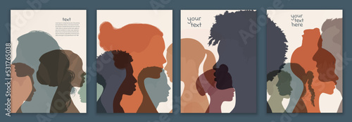 Template poster silhouette profile group of men and women of diverse cultures. Diversity multicultural people. Concept of racial equality and anti-racism. Multiethnic community. Cover 