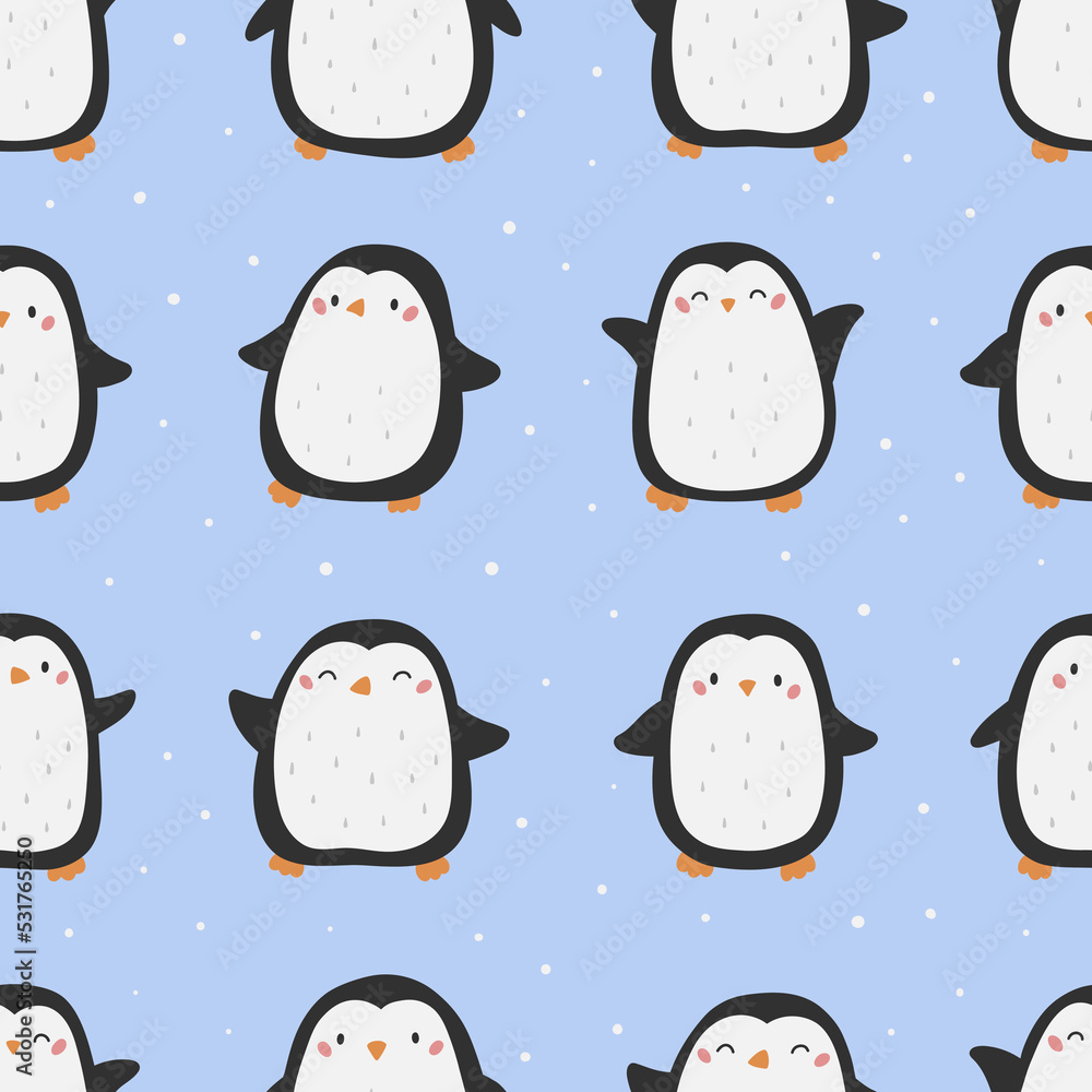 Childish seamless pattern with cute penguins on blue background. Hand drawn cartoon characters. Christmas vector illustration. Childish seamless pattern with cute penguins on blue background. Hand drawn cartoon characters. Christmas vector illustration.