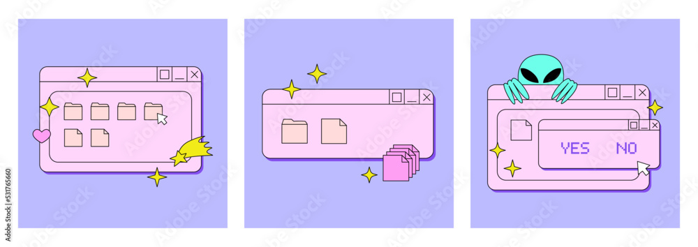Set of social media posts with user interface in retrowave aesthetic ...