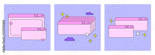 Set of social media posts with user interface in retrowave aesthetic. Vector illustration in y2k, 90s, 00s style. Trendy old computer windows with clouds and stars photo