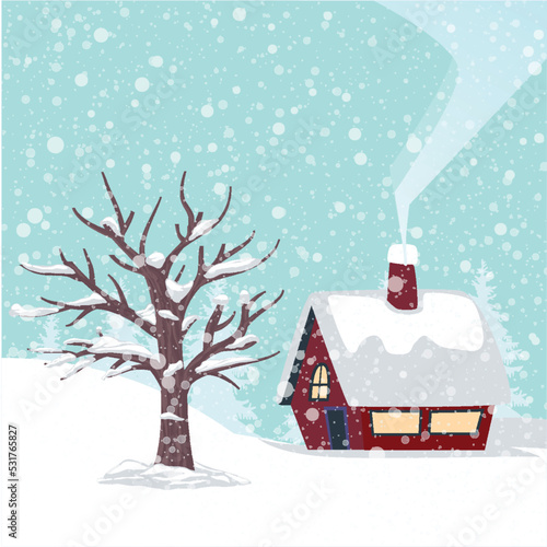 Cartoon winter landscape Cottage Covered with snow. Image of a winter day