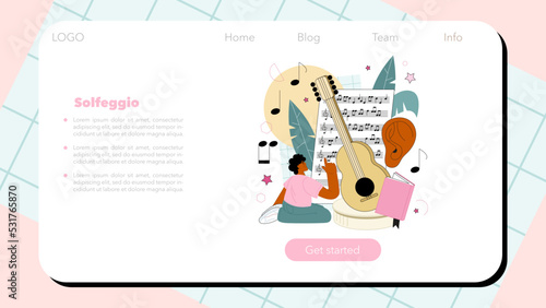 Music school or course web banner or landing page. Students learn