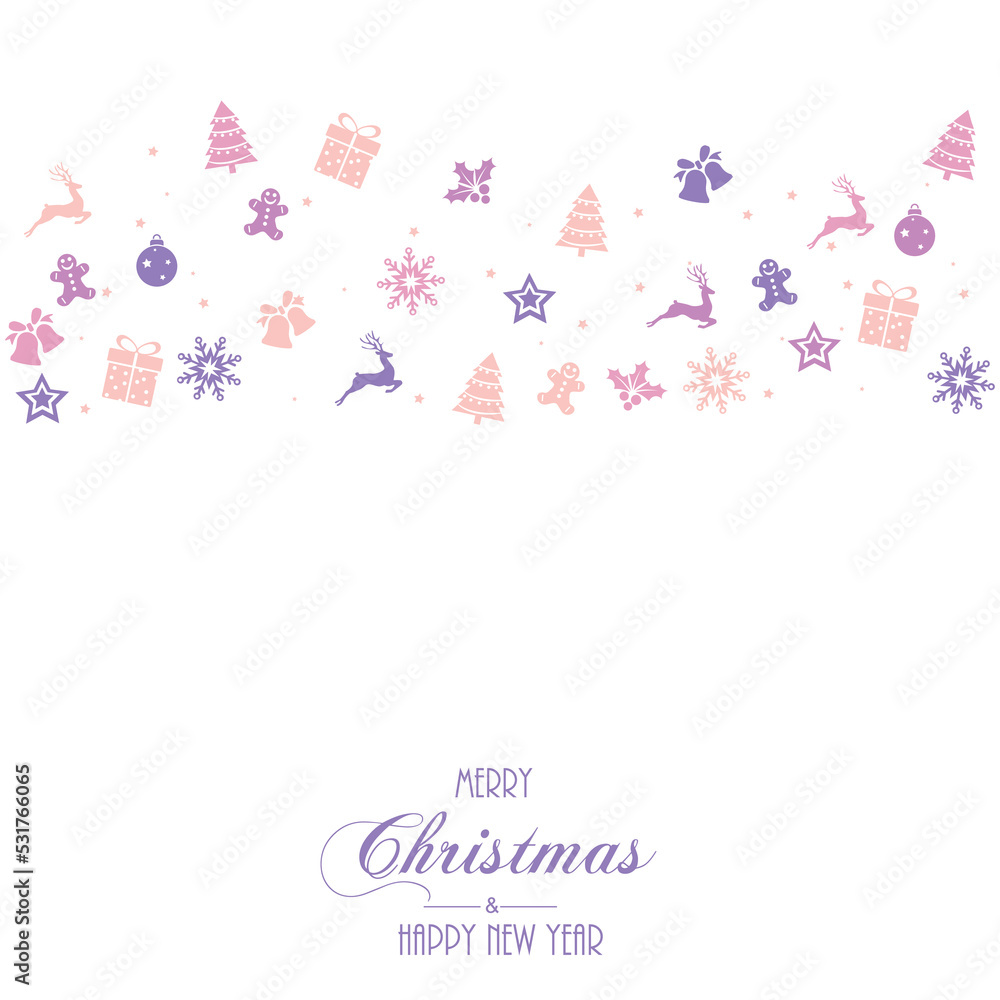 Happy New Year and Merry Christmas banner with hanging red Xmas ornaments. Vector Happy New Year and Merry Christmas banner with hanging red Xmas ornaments. Vector