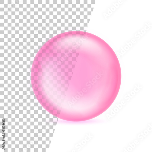 Pink orb isolated on transparent background. Glass circle with shadow. Big realistic soap bubble pink color. Round sphere for concept cleaning. Abstract bead for design print. Vector illustration