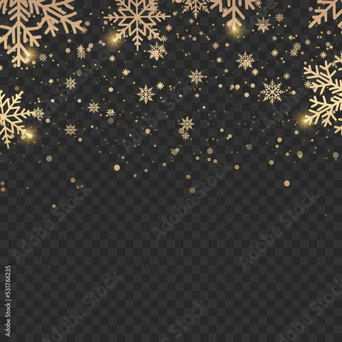 Xmar or New Year card with falling golden snowflakes on transparent background. Vector photo