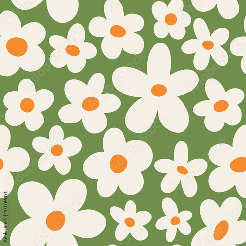 Aesthetic Contemporary printable seamless pattern with retro groovy flowers. Decorative Naive 60's, 70's style Vintage boho background in minimalist mid century style for fabric, wallpaper or wrapping