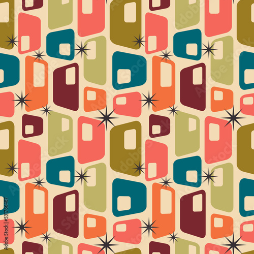 Aesthetic mid century printable seamless pattern with retro design. Decorative 50`s, 60's, 70's style Vintage modern background in minimalist mid century style for fabric, wallpaper or wrapping
