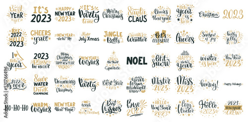 Merry Christmas and Happy New Year lettering. Winter holiday greeting card, xmas quotes and phrases illustration set. Typography collection for banners, postcard, greeting cards, gifts