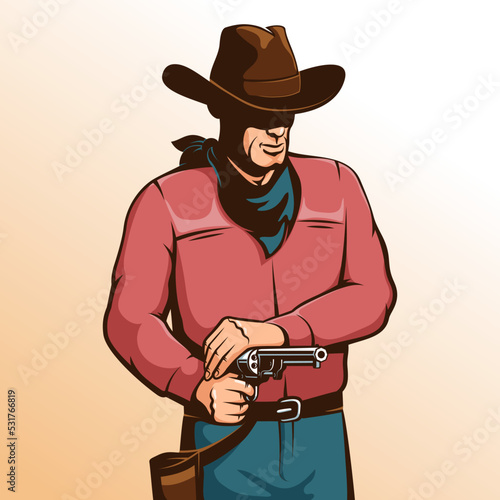 Cowboy gunfighter shoots a pistol. Gunslinger from classic western. Retro cowboy with gun.
