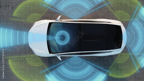 Self Driving Autopilot Car Technologies, Radar, 360, Sensor, Cameras, Laser. Artificial Intelligence Digitalizes and Analyzes Road. Sensor Scanning Road Ahead for Vehicles, Danger, Speed Limits photo