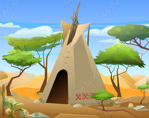Indians wigwam hut made of felt and skins. Among trees. North American tribal dwelling. Traditional home of nomadic peoples. Vector.