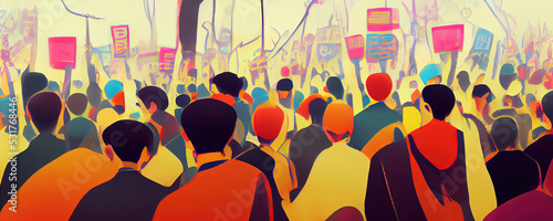 Fotografie, Tablou Painting of crowds of protestors standing in the streets with posters