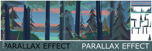 Night landscape with trees and fir trees. Trunks and branches. Coniferous forest at dusk. Image from layers for overlay with parallax effect. Illustration in cartoon style flat design. Vector.
