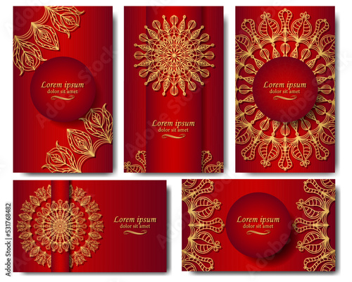 Golden mandala on a red background. Set of five red luxury backgrounds in the design of business cards, postcards, invitations, packaging, labels. 