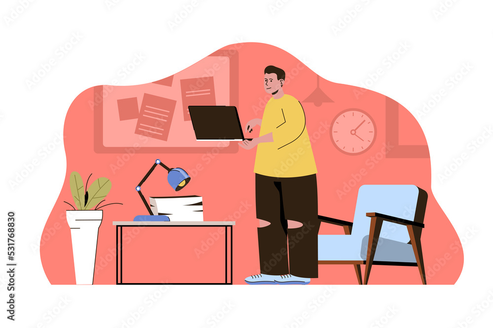 Collaborative work concept. Employee works with colleagues by contacting online situation. Remote teamwork people scene. Illustration with flat character design for website and mobile site