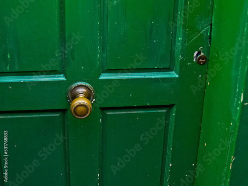 Closeup of closed green door with round brass knob © Brian Scantlebury