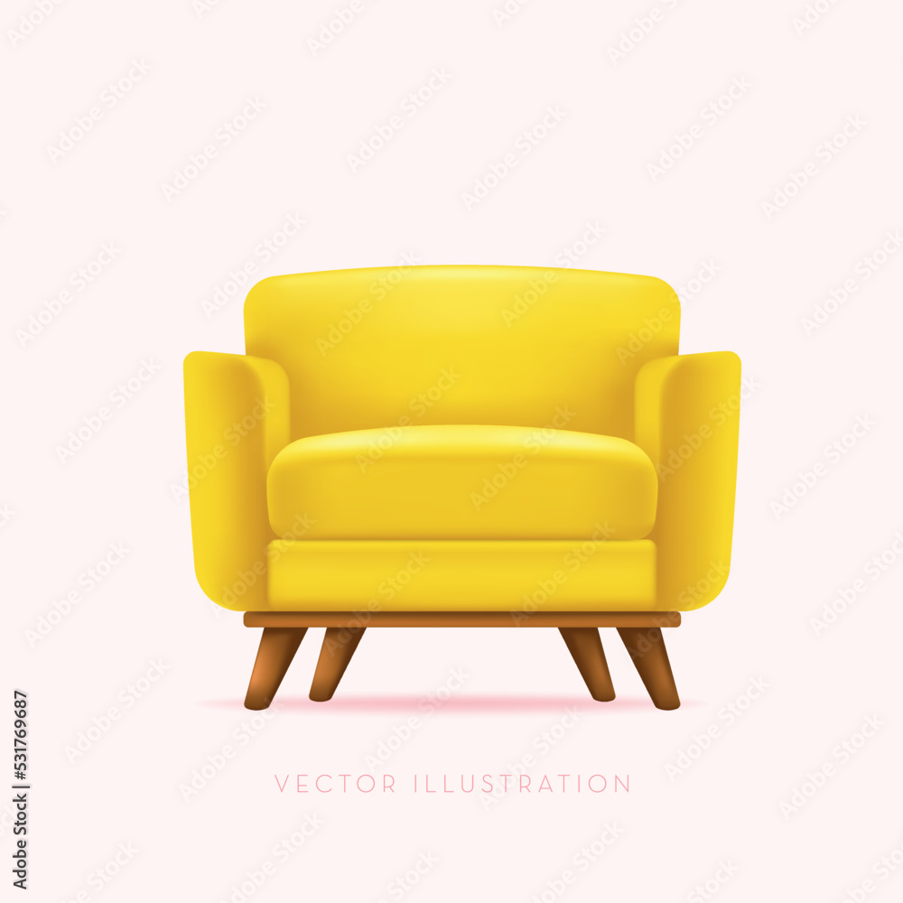 3D Armchair. Yellow chair with wooden legs. Vector minimal style, realistic isolated illustration 3D Armchair. Yellow chair with wooden legs. Vector minimal style, realistic isolated illustration