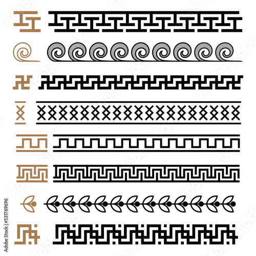 Greek motives vector symbols borders, frames set. Greek key elements collection