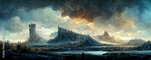 Photographie Digital medieval icy painting, landscape illustration, burning sky, concept art