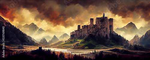 Leinwand Poster Digital medieval landscape painting stronghold castle among hills and mountains, green fields and dark skies