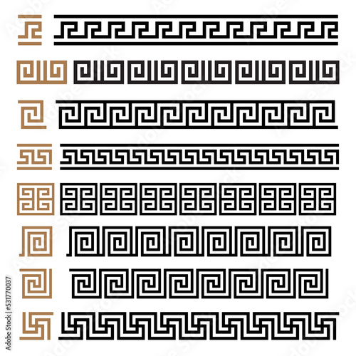 Greek motives vector symbols borders, frames set. Greek key elements collection