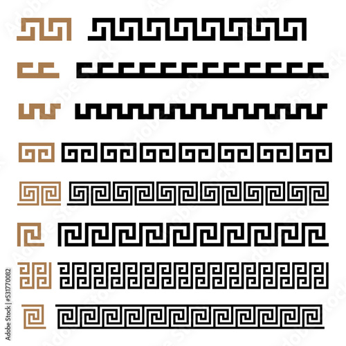 Greek motives vector symbols borders, frames set. Greek key elements collection