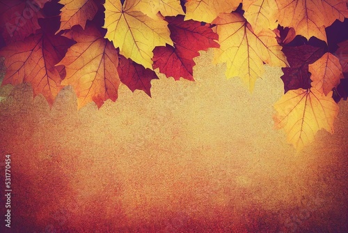 Autumn leaves on brown background, Flat lay, Top view, Copy space, 3d illustration.