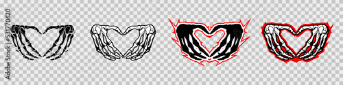 Skeleton hands howing heart shape. T-shirt print for Horror or Halloween. Hand drawing illustration isolated on white background. Vector EPS 10