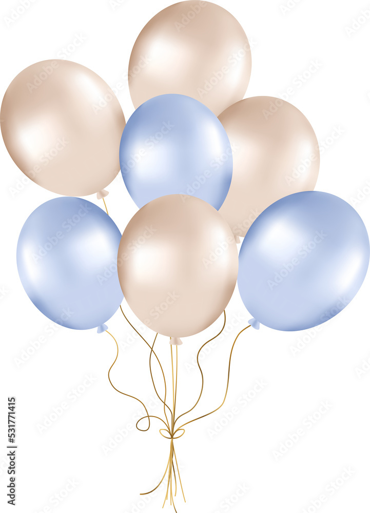 Bunch of pearl balloons in gold and blue tones. Balloons for party decorations