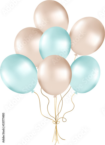 Bunch of pearl balloons in gold and green tones. Balloons for party decorations