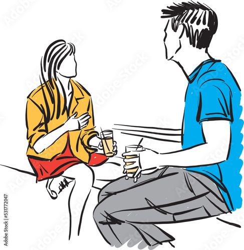 couple man and woman drinking and talking together conversation friends vector illustration