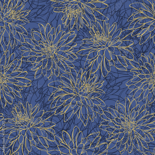 Seamless vector pattern with flowers on blue. Rudbeckia, Golden Balls. Floral background. Line art. Perfect for wallpaper, wrapping, fabric and textile.